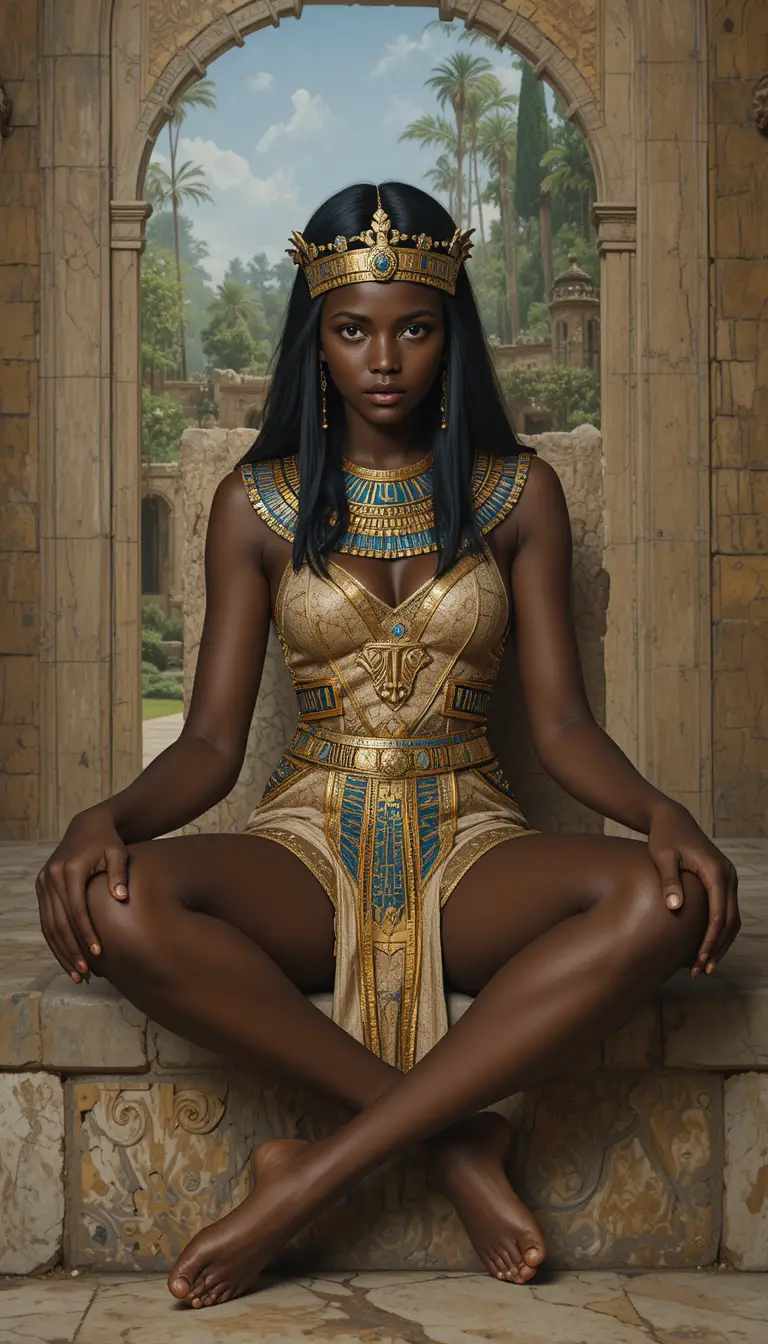 Egyptian high priestess seated on a stone throne