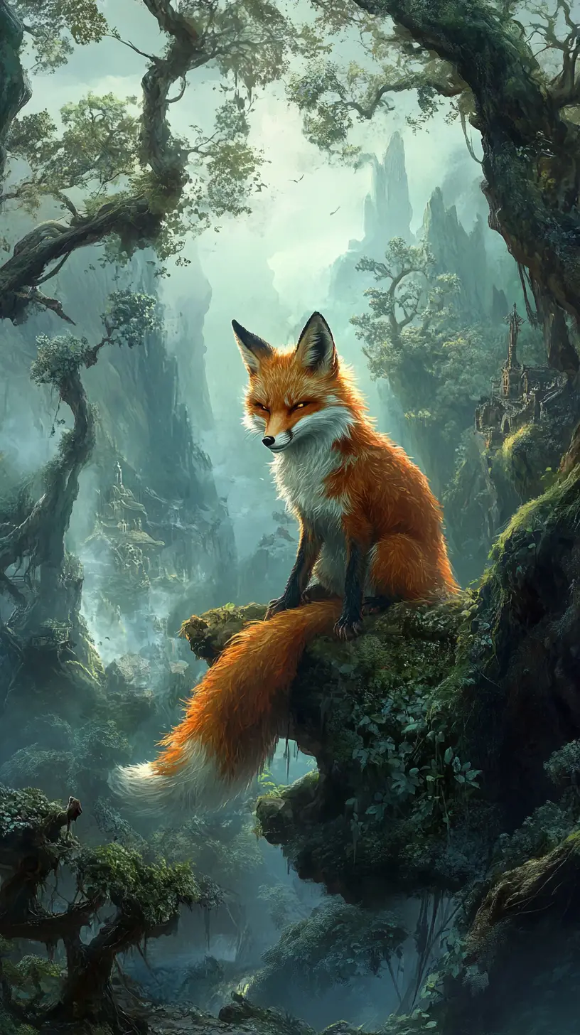 Cunning fox disguised as sage in misty dawn forest