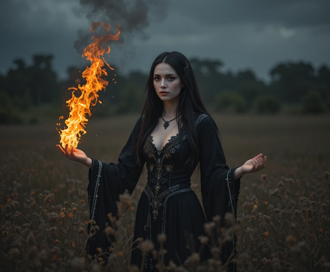 Strega oscura che lancia un rituale di fuoco in un campo solitario