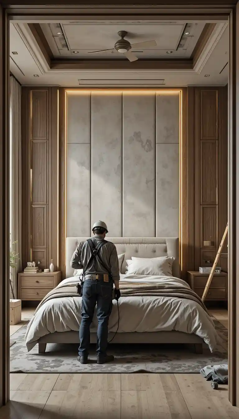 Master bedroom renovation with tools ladders and wall panels