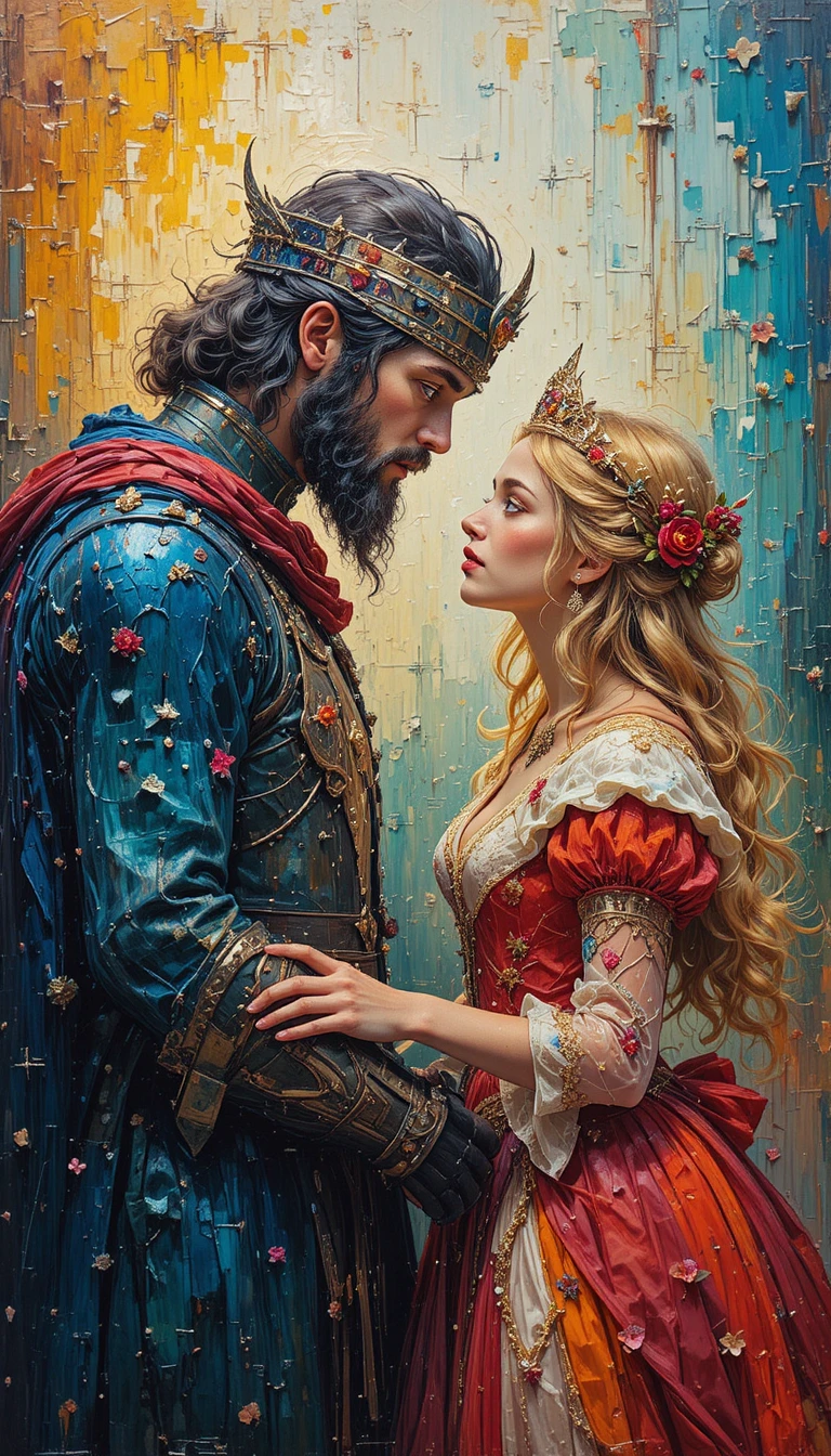 Impasto painting of King Arthur with the Princess in rich color
