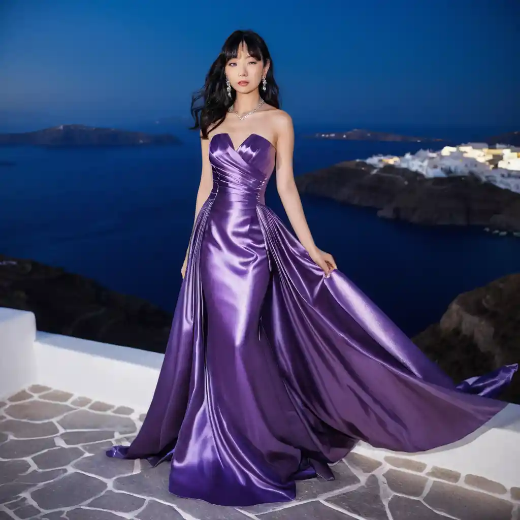Elegant Japanese woman in purple satin gown at night