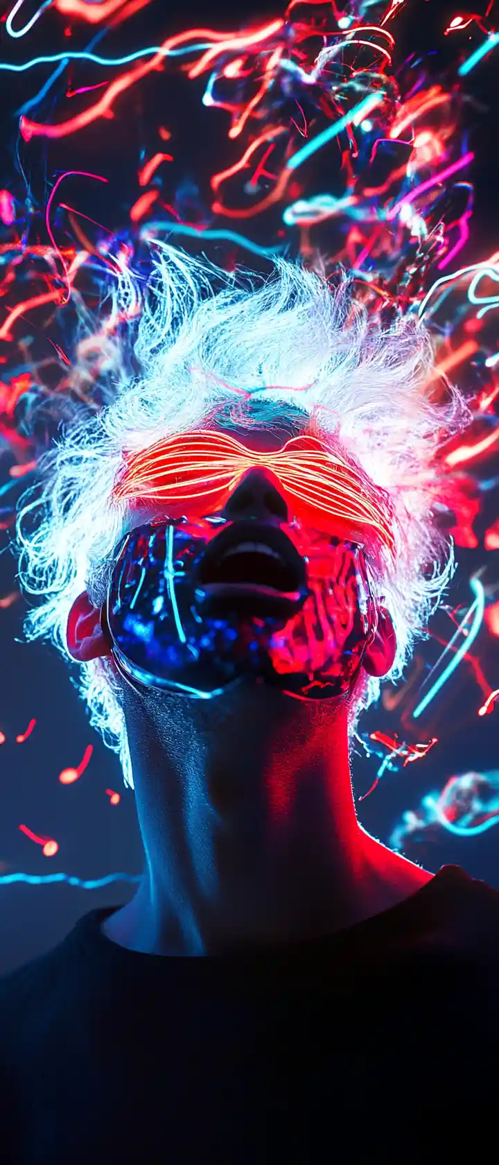 Man With Mask Surrounded By Neon Musical Elements