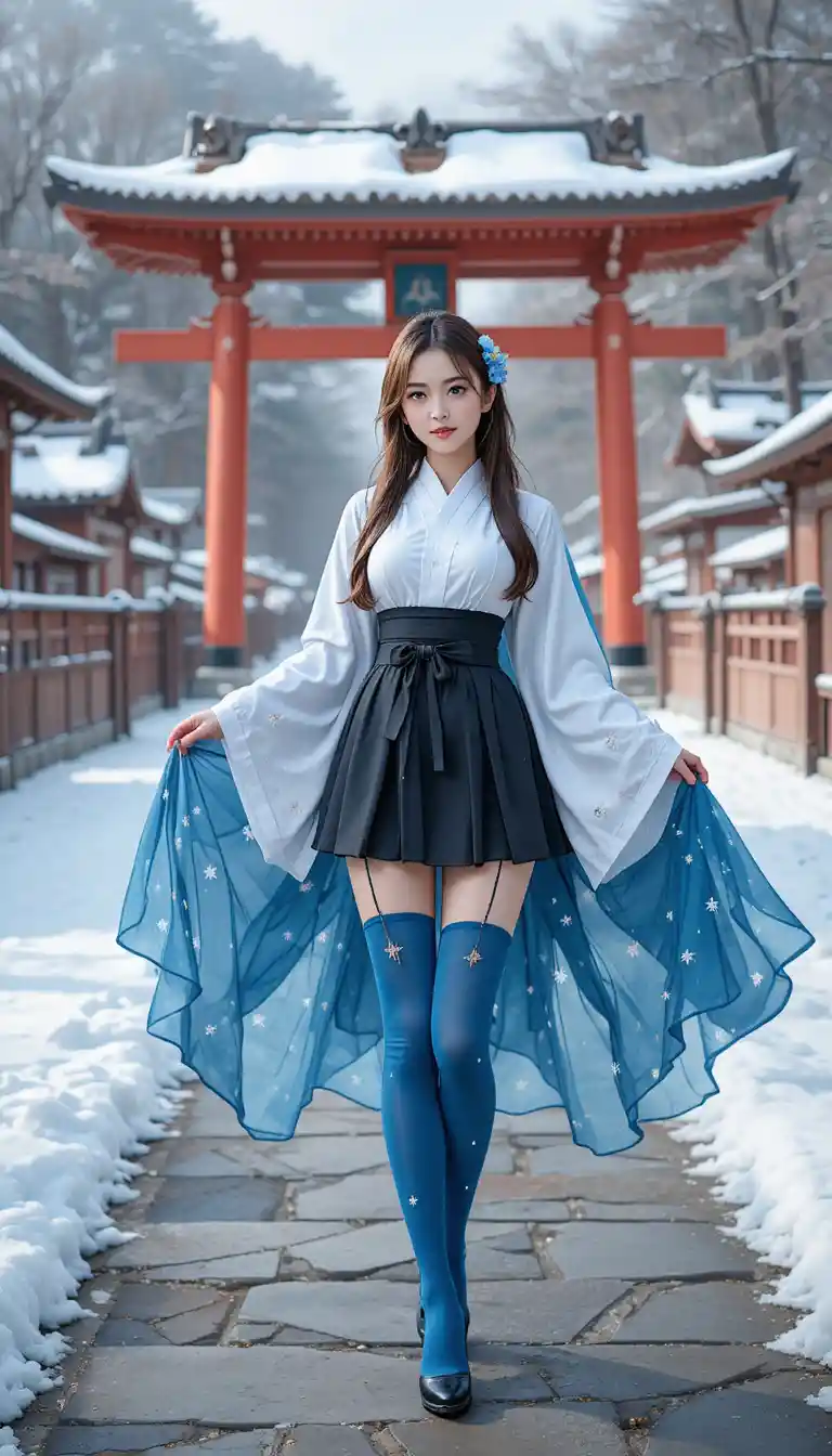Anime girl in winter kimono at snowy torii gate