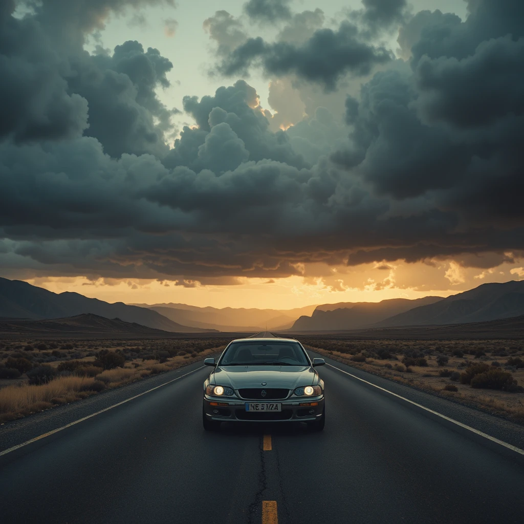 Voiture solitaire sur une autoroute déserte sous de dramatiques nuages d’orage