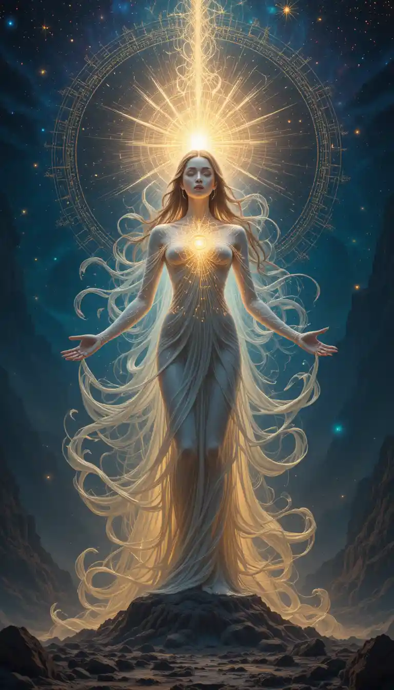 Ethereal divine woman in a glowing metaphysical vortex