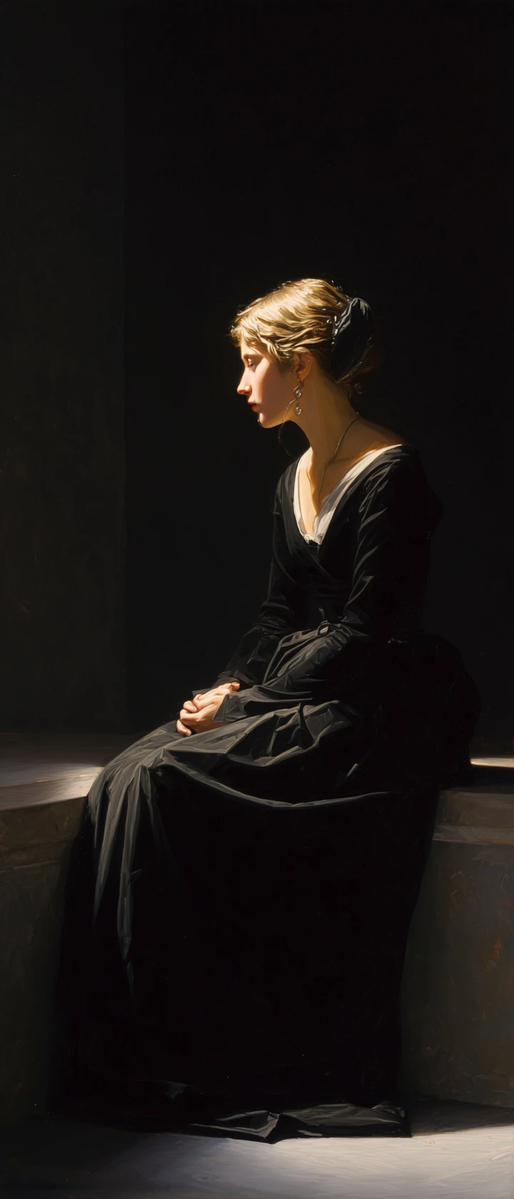 Melancholic full body woman in dramatic chiaroscuro light