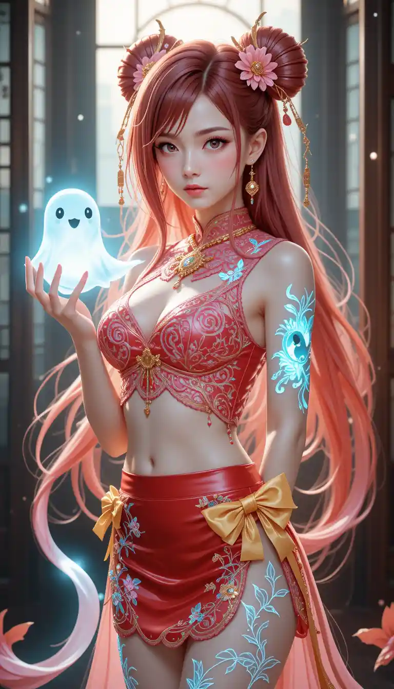 Anime jiangshi girl with crimson hair and glowing tattoos