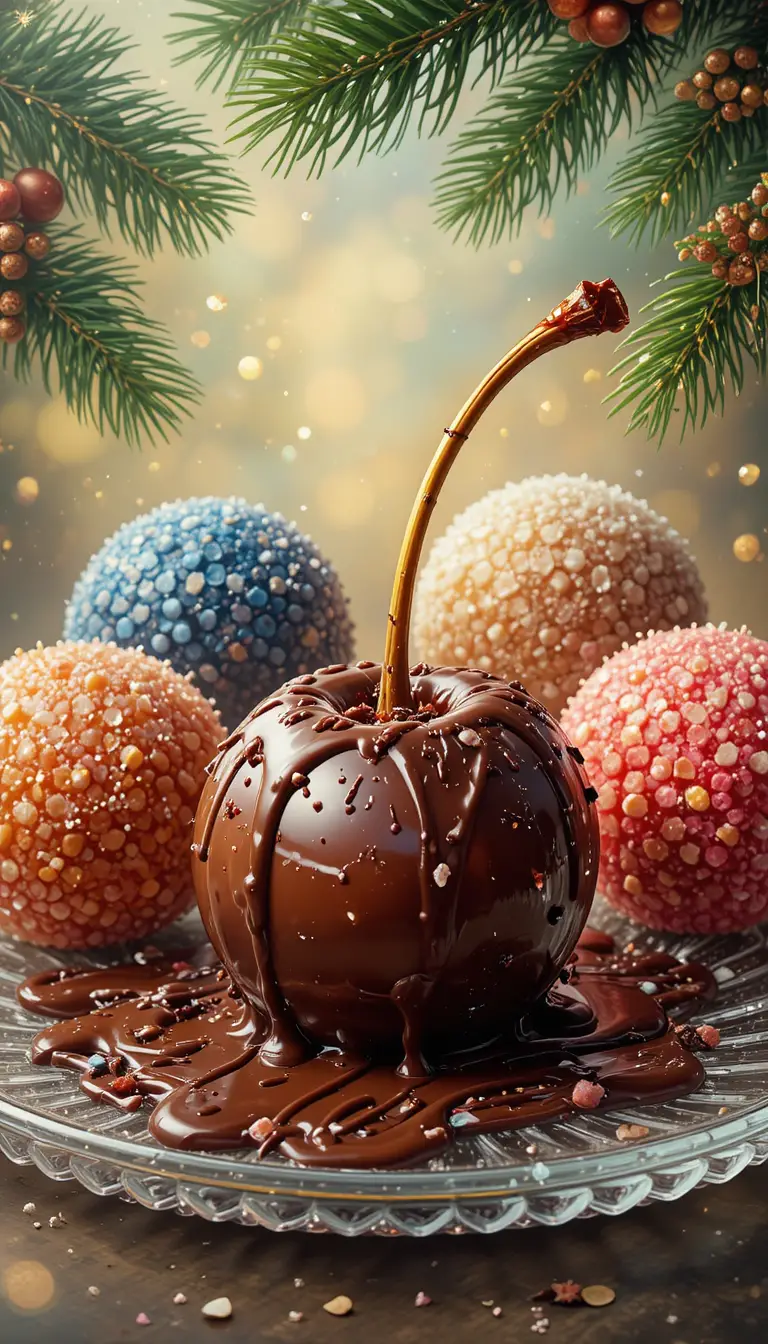 Illustration colorée de dessert à la cerise au chocolat et branches de sapin