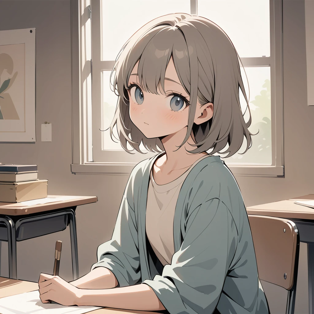 Young girl in soft light with casual art school mood
