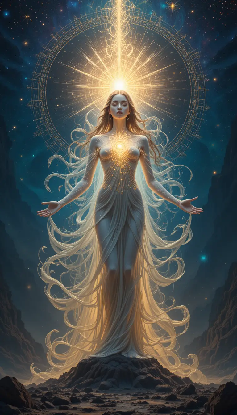 Ethereal divine woman in a glowing metaphysical vortex