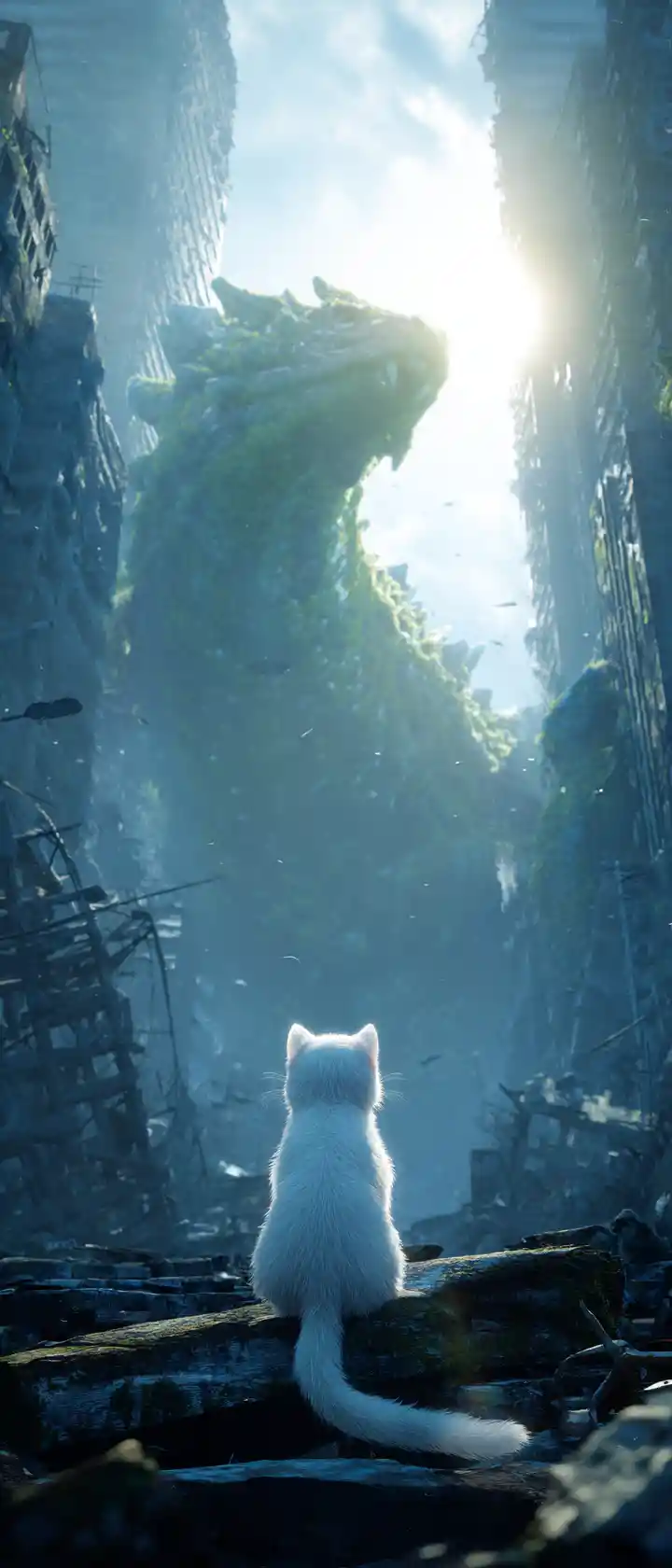 Tiny white kitten facing colossal ancient monster at dawn
