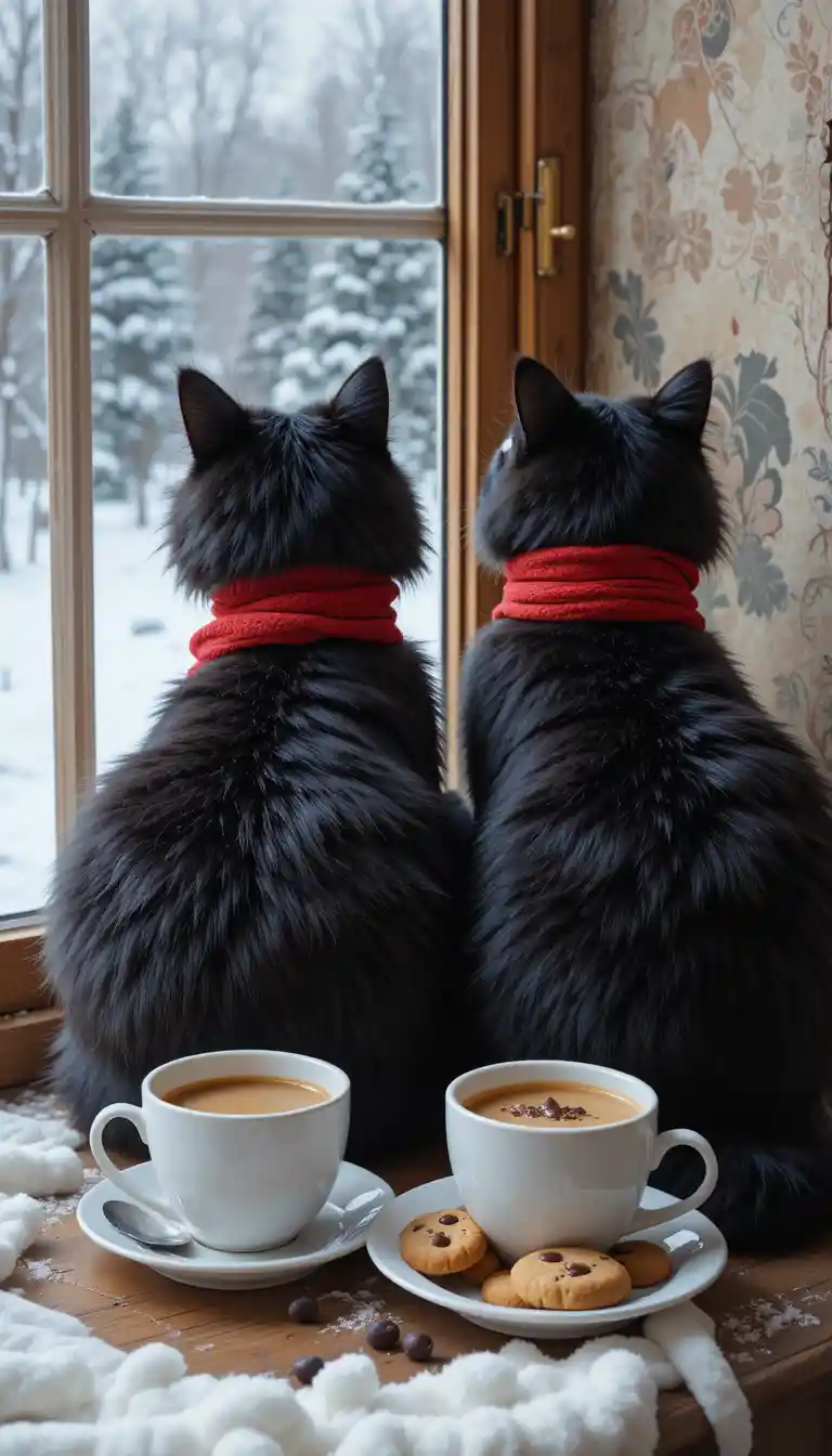 Due gatti neri con sciarpe rosse alla finestra d’inverno