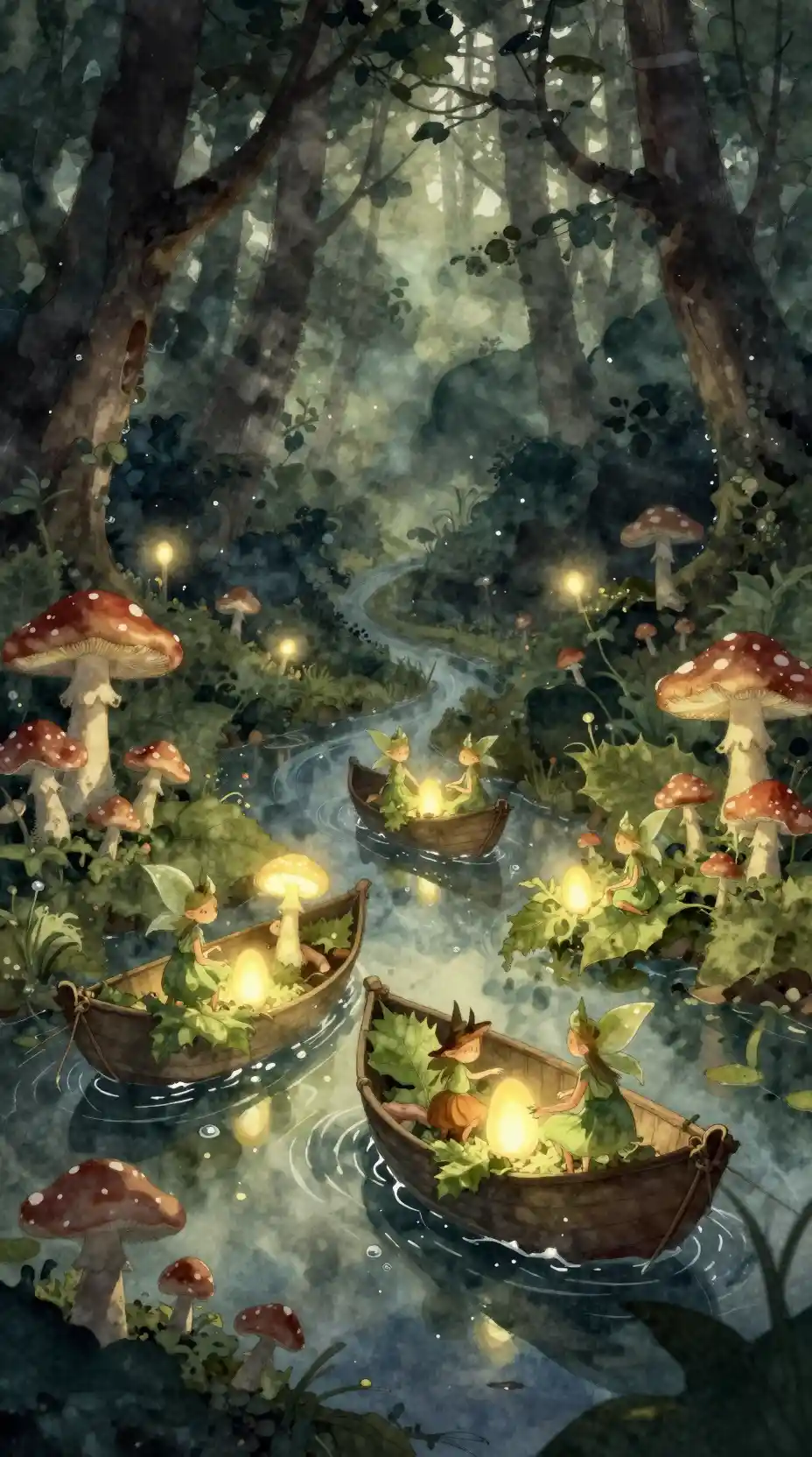 Duendes celebran una cosecha de hongos brillantes en el bosque encantado
