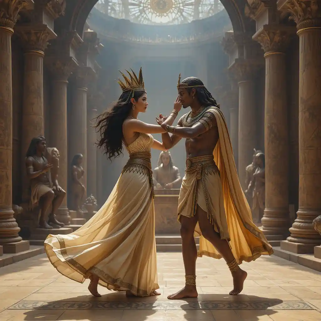 Egyptian king and queen dancing in an ancient ballroom