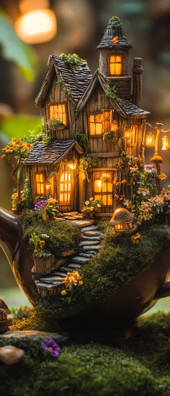 Tiny fantasy village hidden inside a glowing teapot