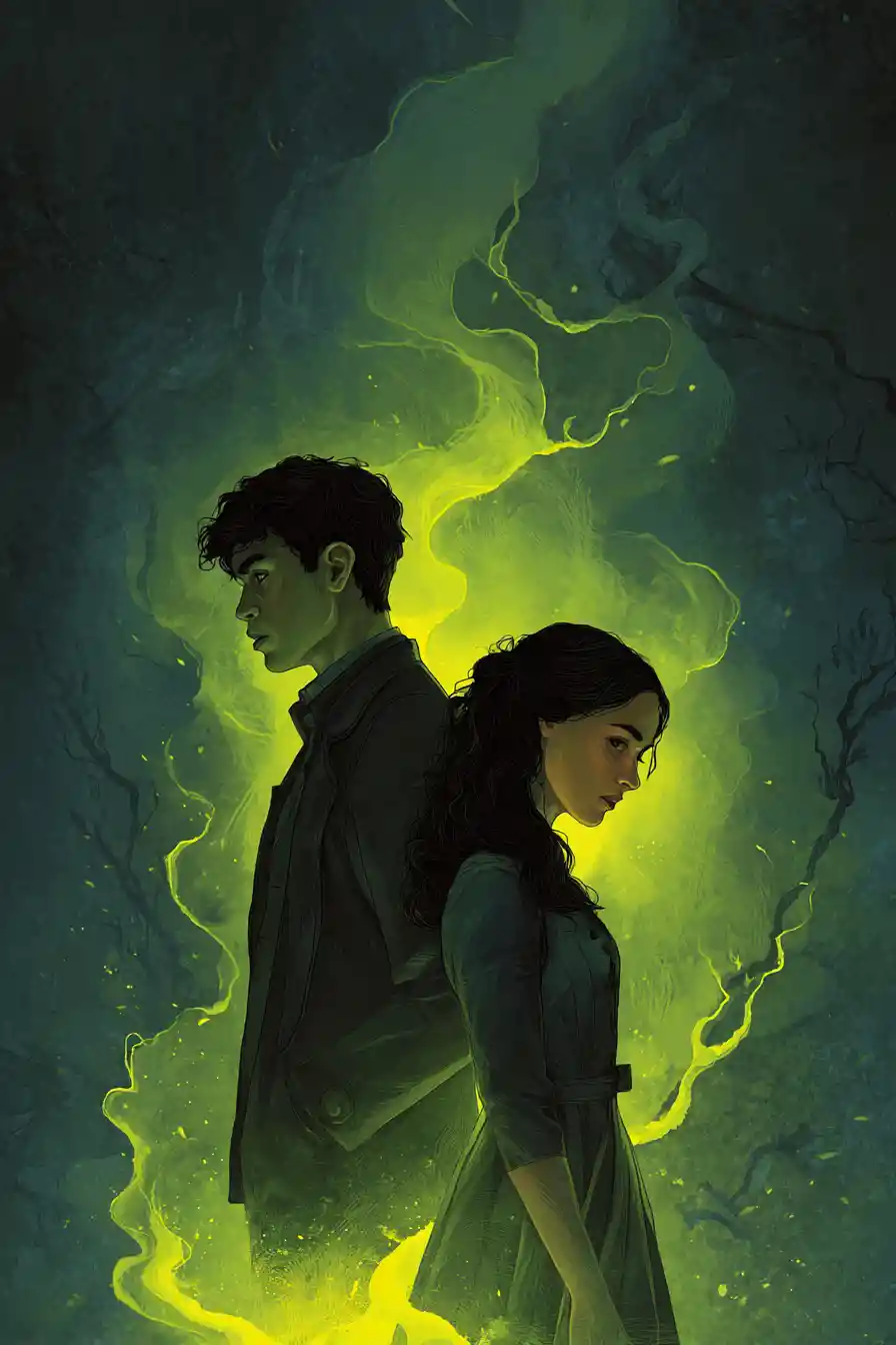 Haunting fantasy couple bathed in eerie neon ground light
