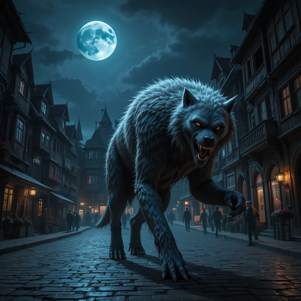 Gigantischer Werwolf, der nachts über den Platz eines mittelalterlichen Dorfes streift