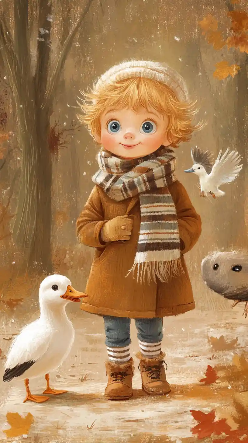 Child And Dog Watching Ducks By A Forest Pond