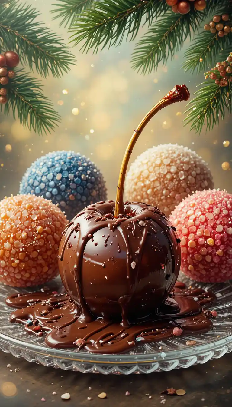Illustrazione colorata di dessert alla ciliegia e cioccolato con rami di abete