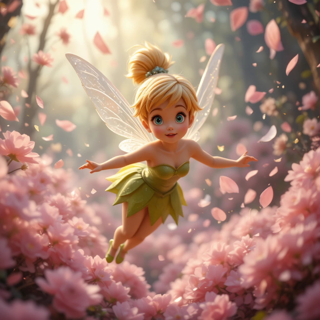 Fairy girl flying through swirling flower petal storm