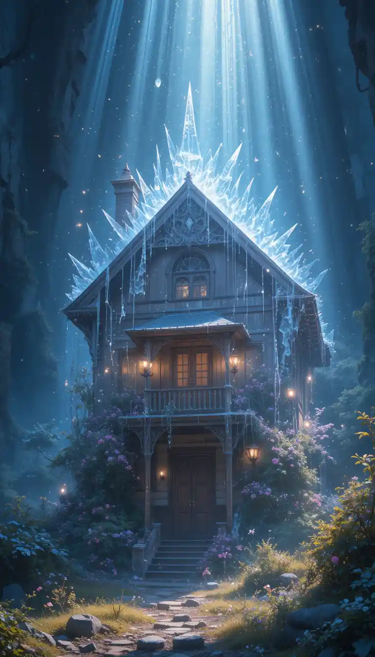 Raggi di luce cristallina che avvolgono una casa con balcone in un mondo fantasy