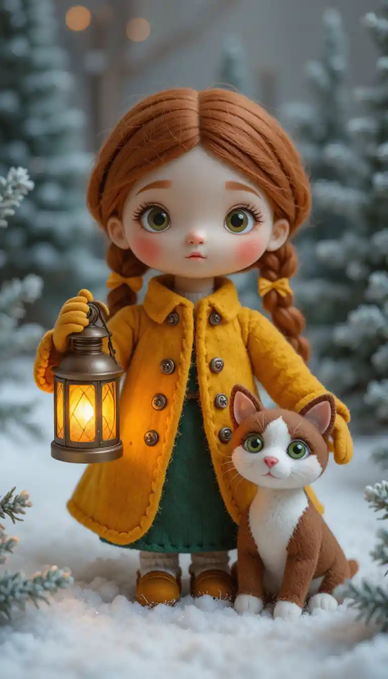 Felt doll with lantern in a snowy winter scene