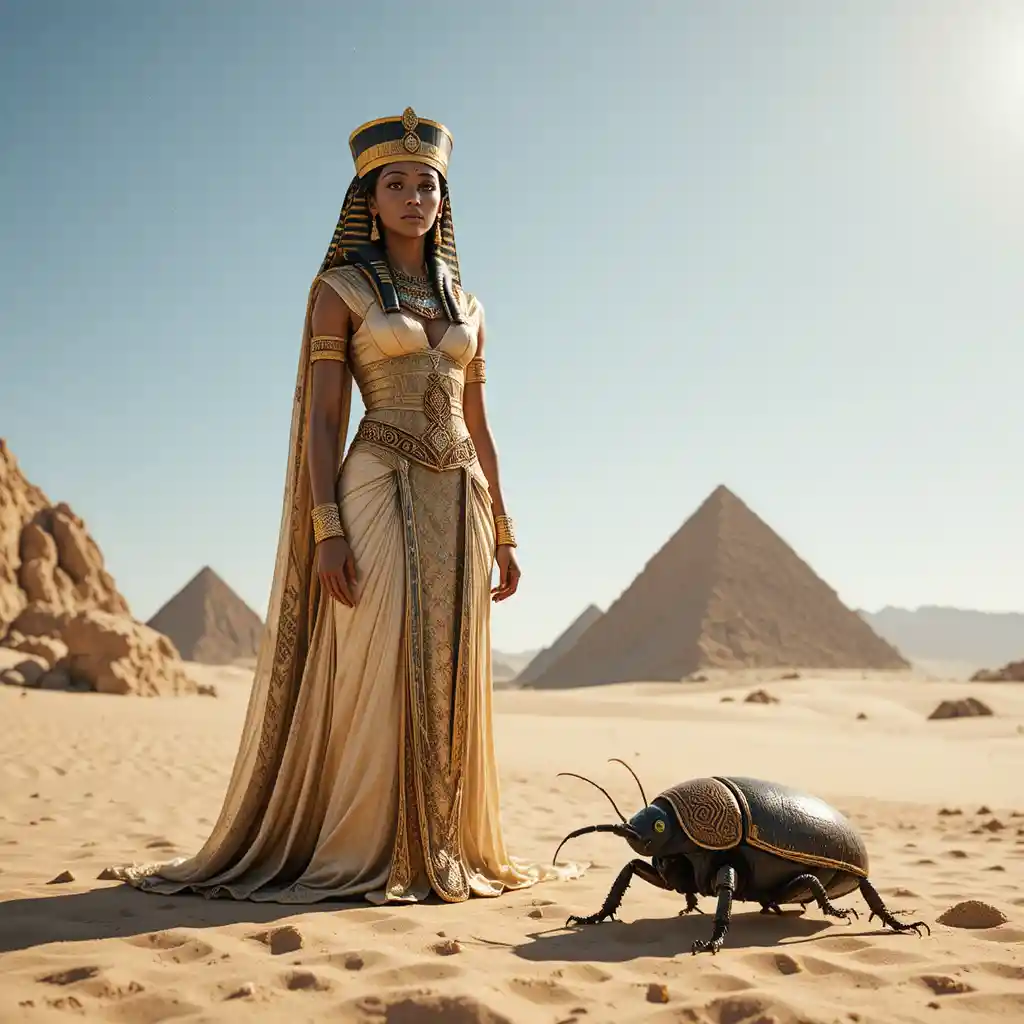 Cinematic portrait of an ancient Egyptian woman in the desert