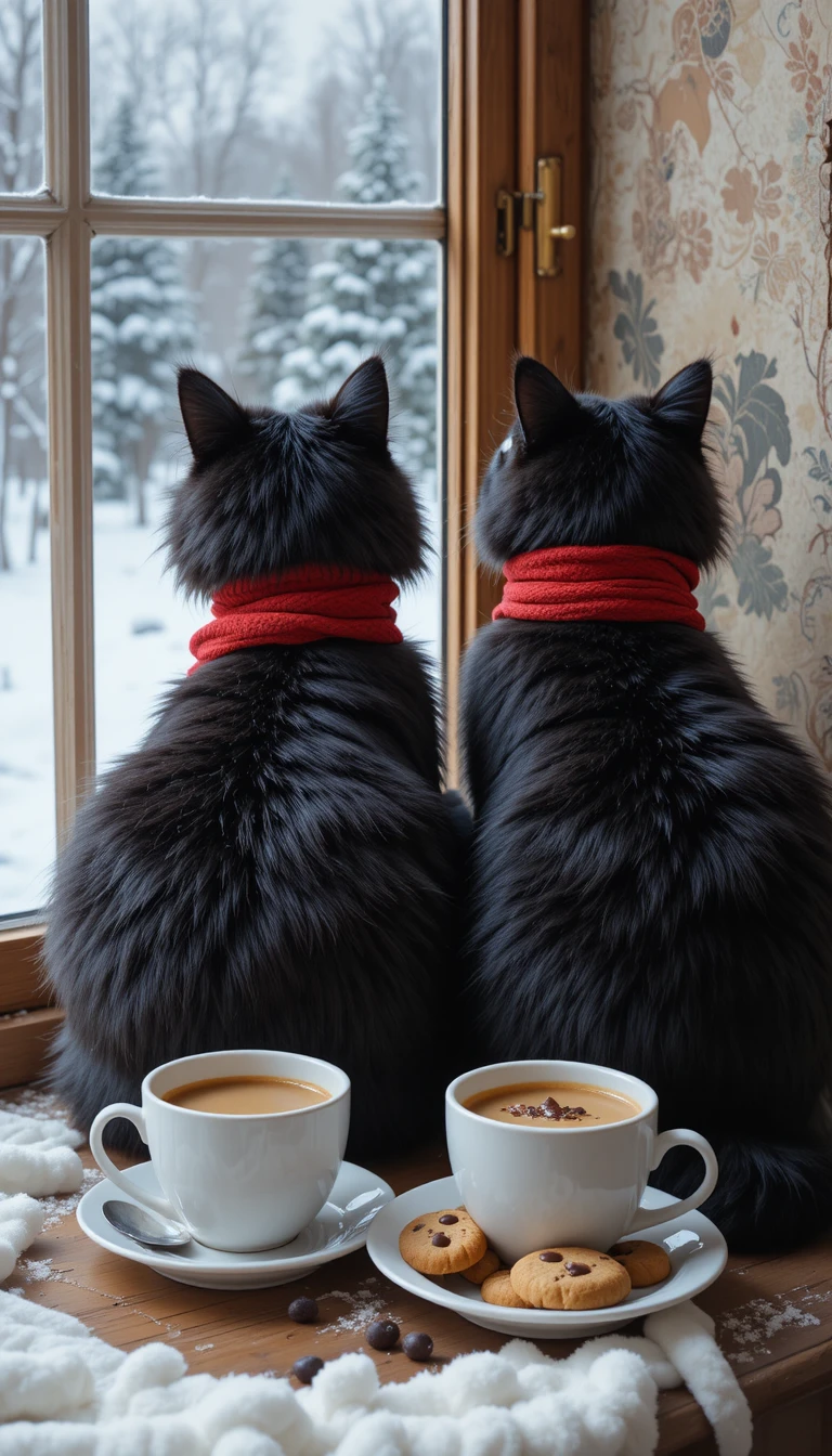 Due gatti neri con sciarpe rosse alla finestra d’inverno