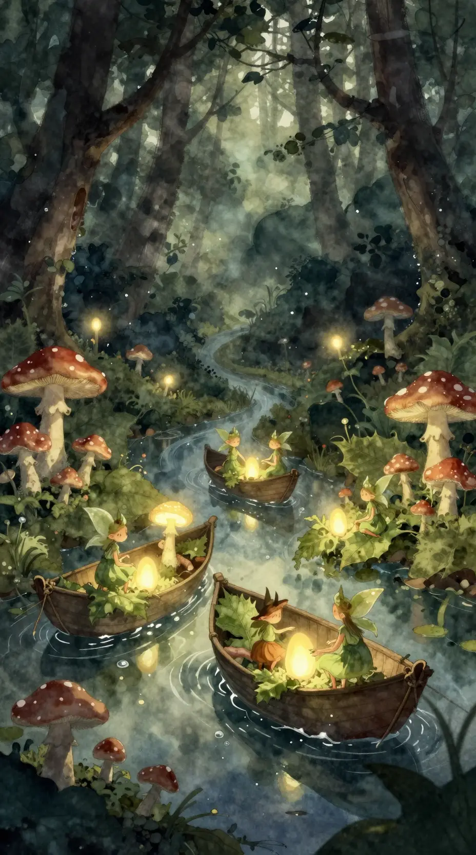Sprites Celebrate A Glowing Mushroom Harvest In Enchanted Forest