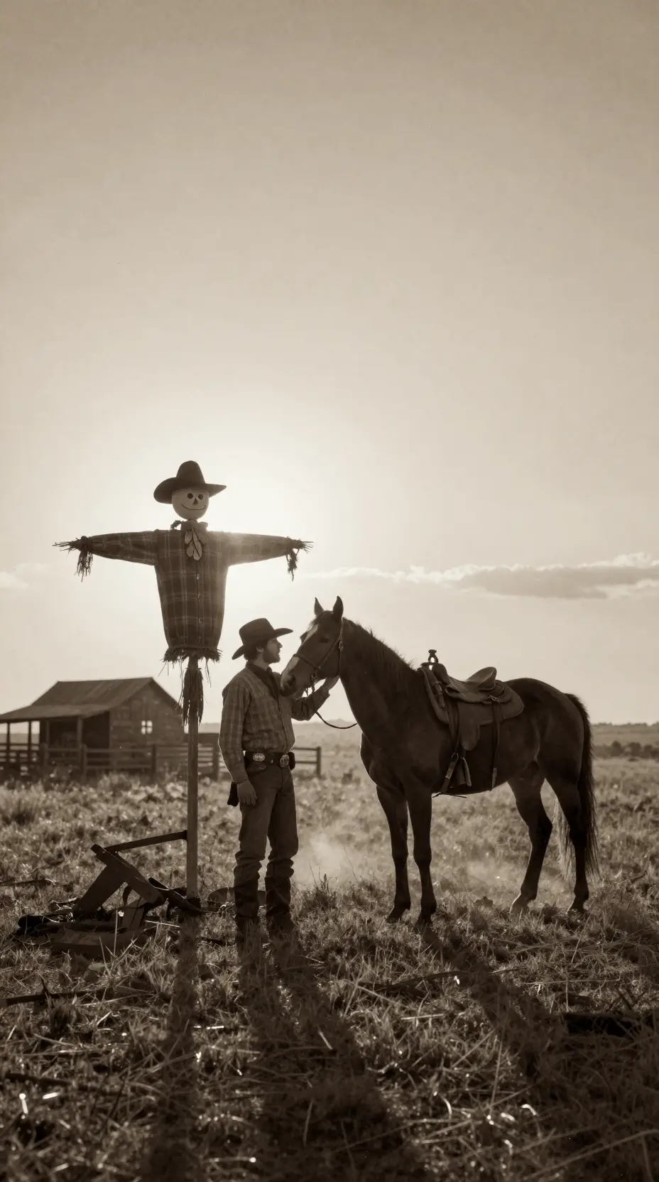 Lone cowboy with horse on abandoned prairie farm