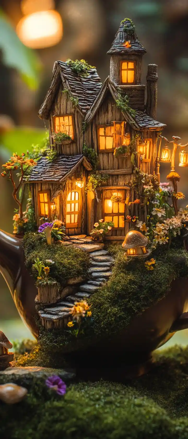 Tiny fantasy village hidden inside a glowing teapot