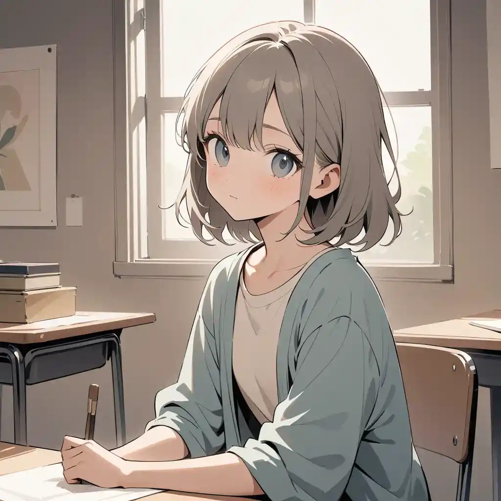 Young girl in soft light with casual art school mood