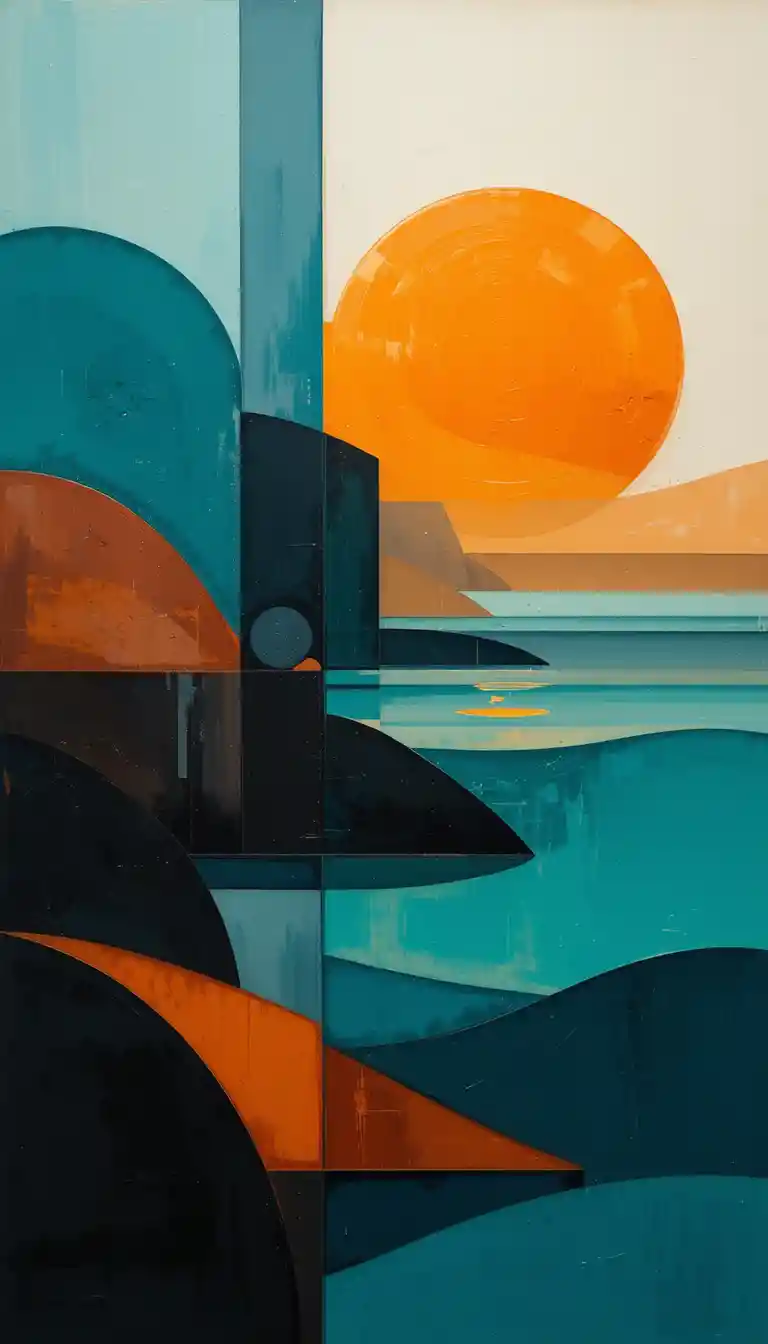 Abstrakter geometrischer Strandsonnenuntergang in Türkis- und Orangetönen