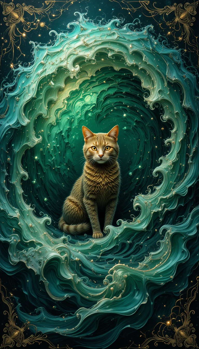Golden cat in surreal emerald fractal waves