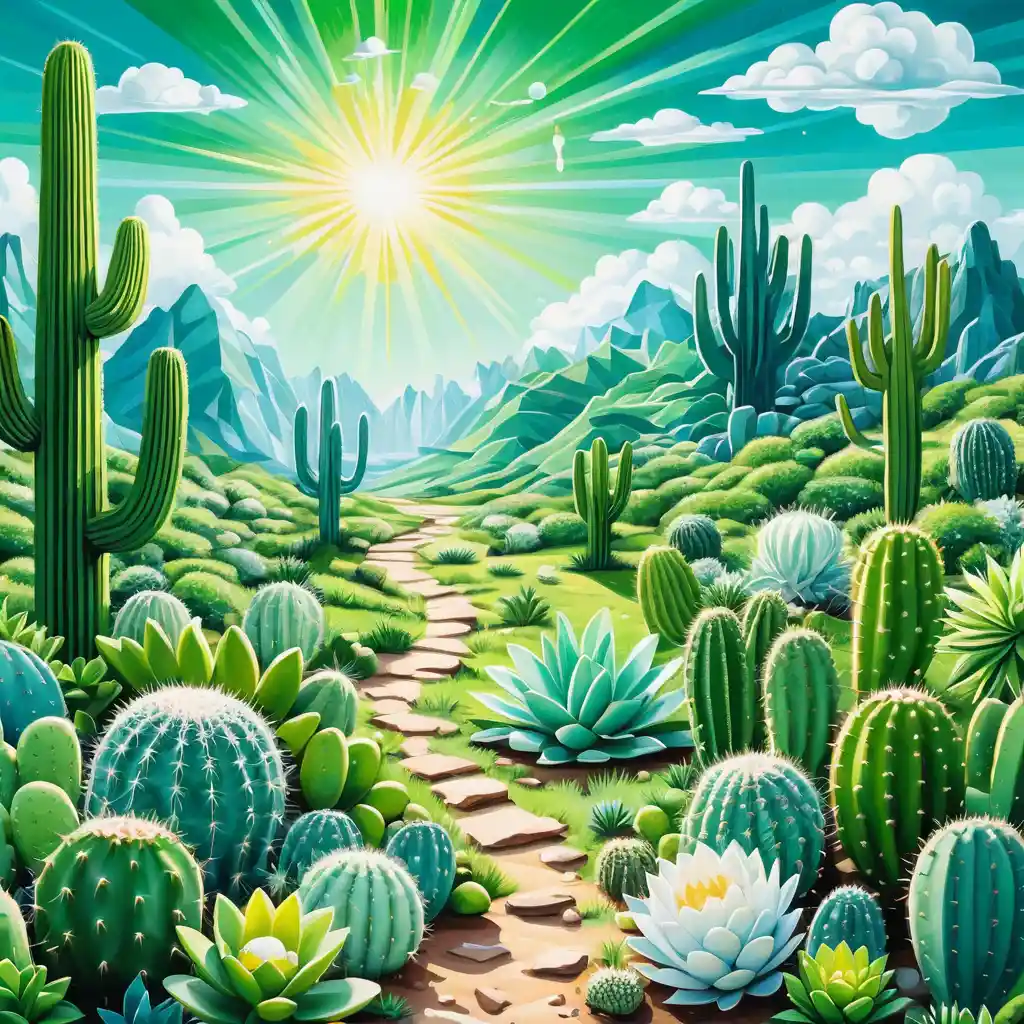 柔和夏日陽光下的超現實白色仙人掌草地