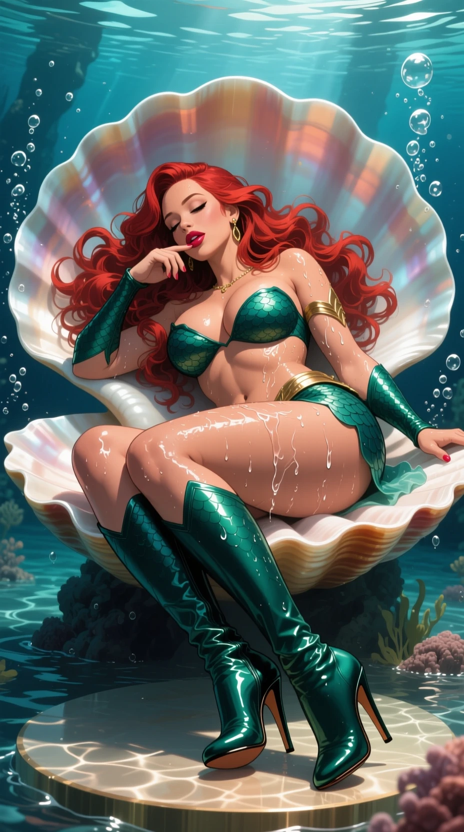 Donna anime che dorme su un trono di conchiglia sott’acqua