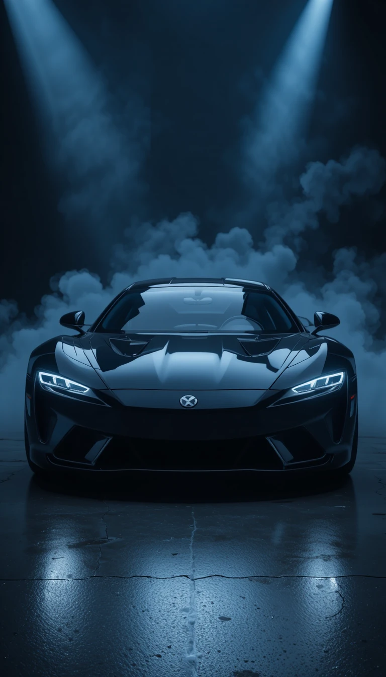 Auto sportiva nera futuristica in un oscuro studio fotografico