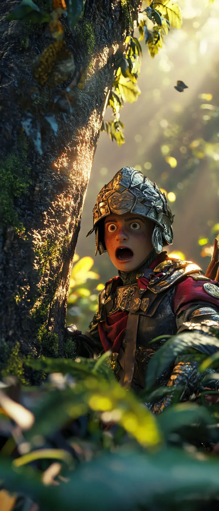 Young conquistador hiding behind a tree in jungle light