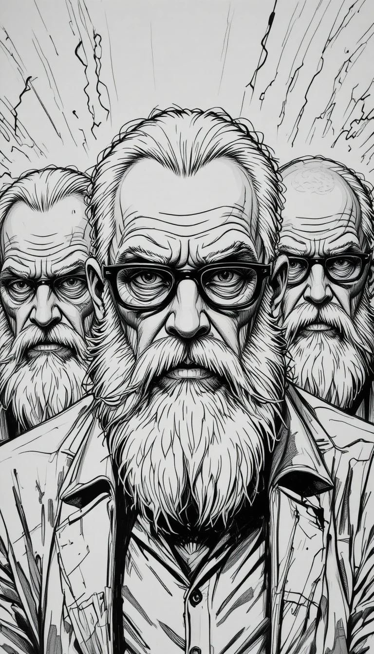 Gritty black and white sketch of intense older men