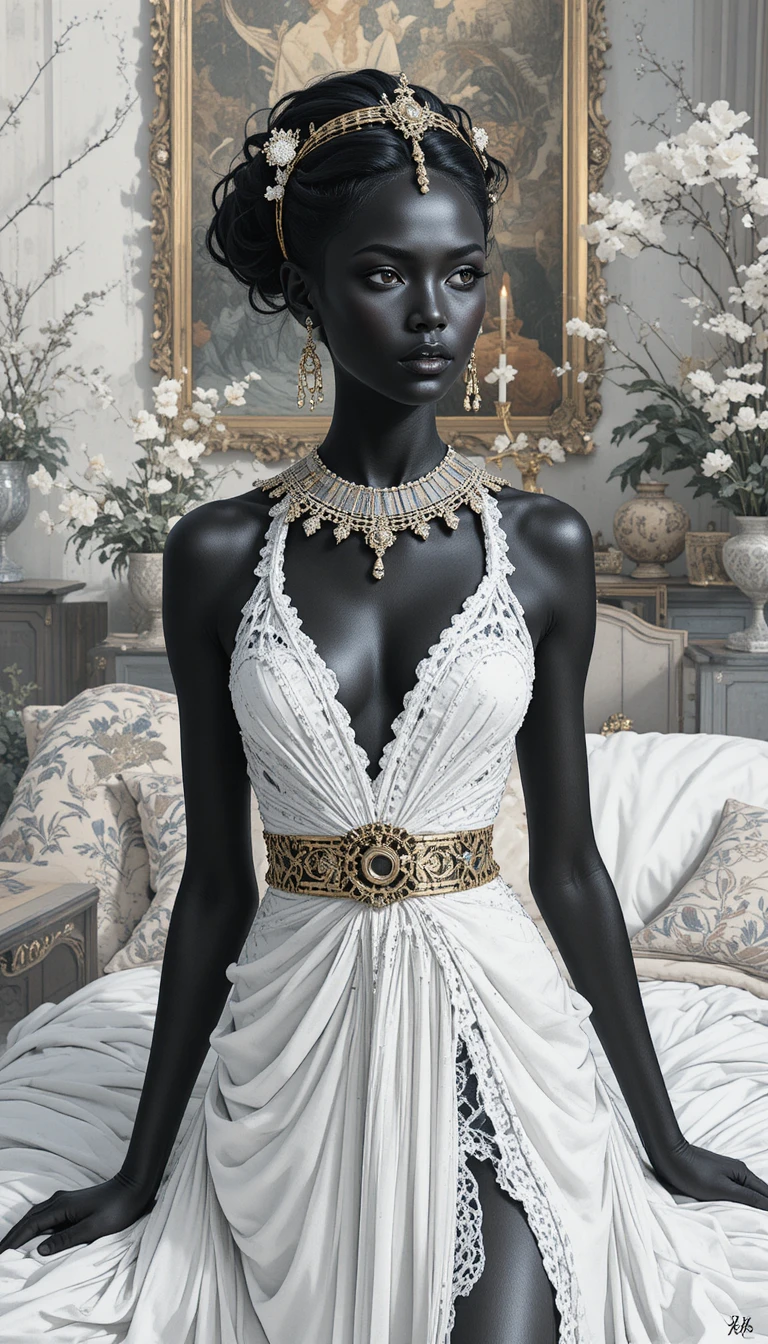 Nubian woman in white lace lingerie in an elegant bedroom