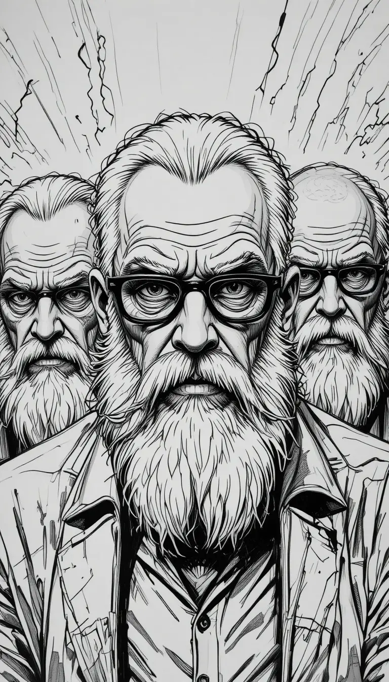 Gritty black and white sketch of intense older men