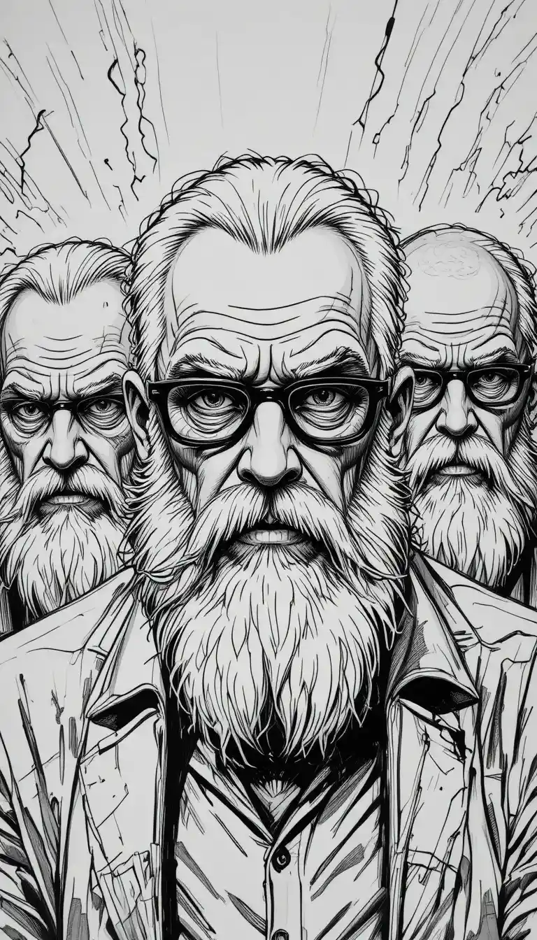 Gritty black and white sketch of intense older men