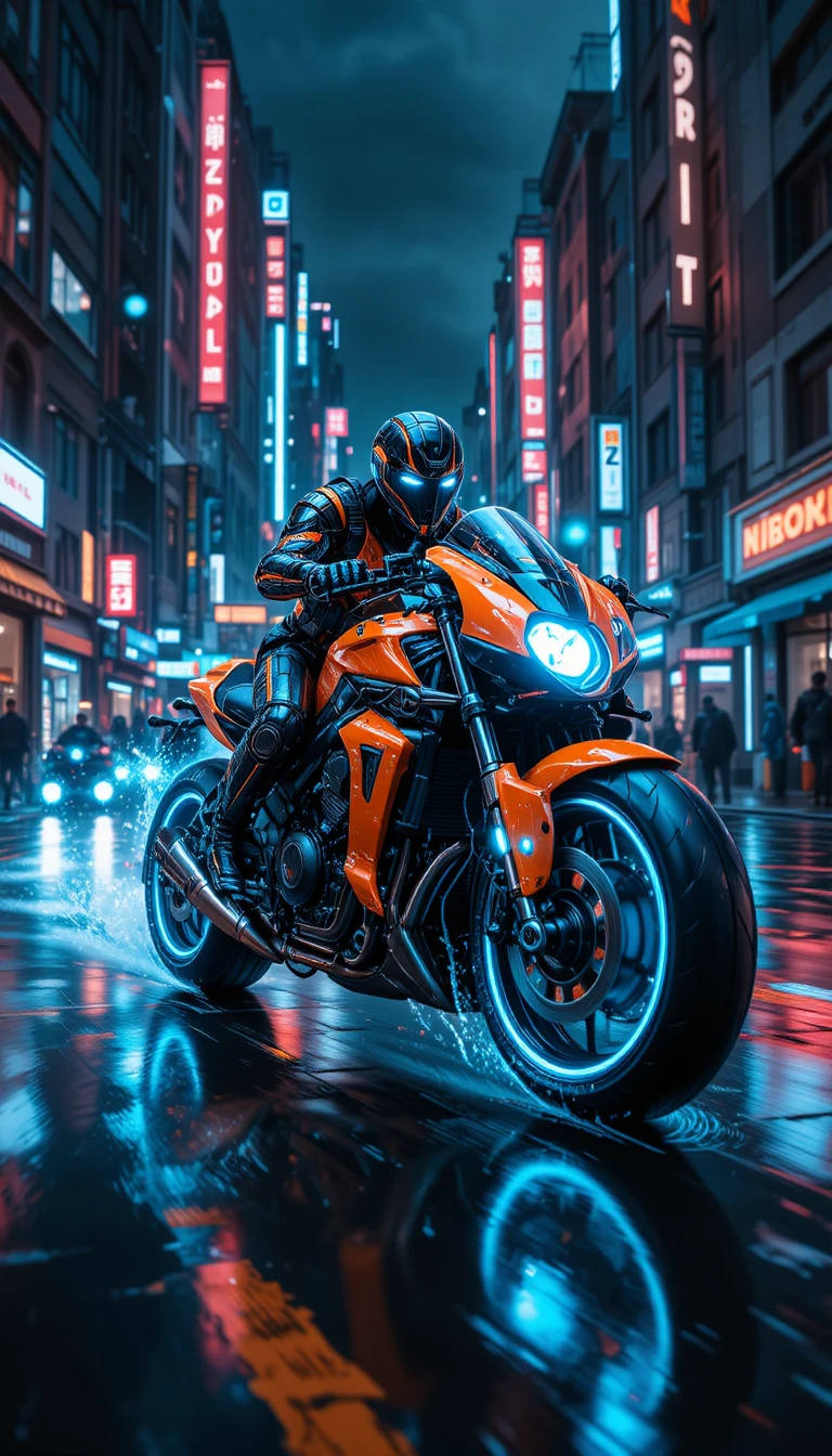 Piloto ciborgue correndo de moto neon pelas ruas chuvosas da cidade