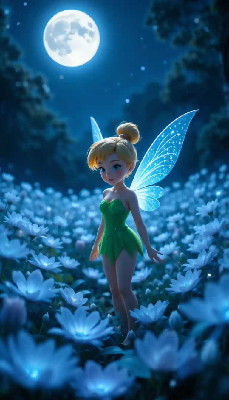 Fairy girl standing among glowing moonlit forest flowers