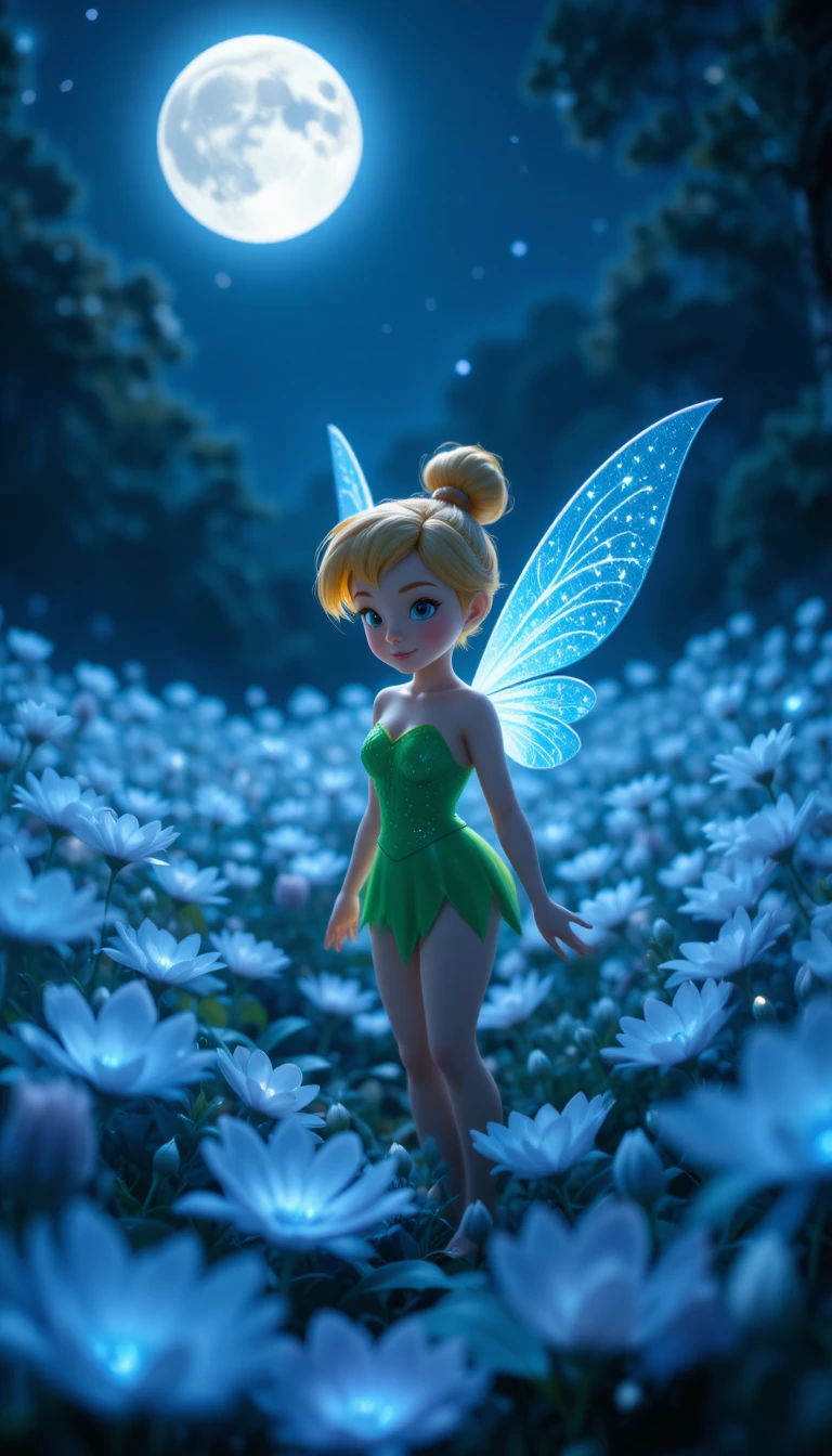 Fairy girl standing among glowing moonlit forest flowers