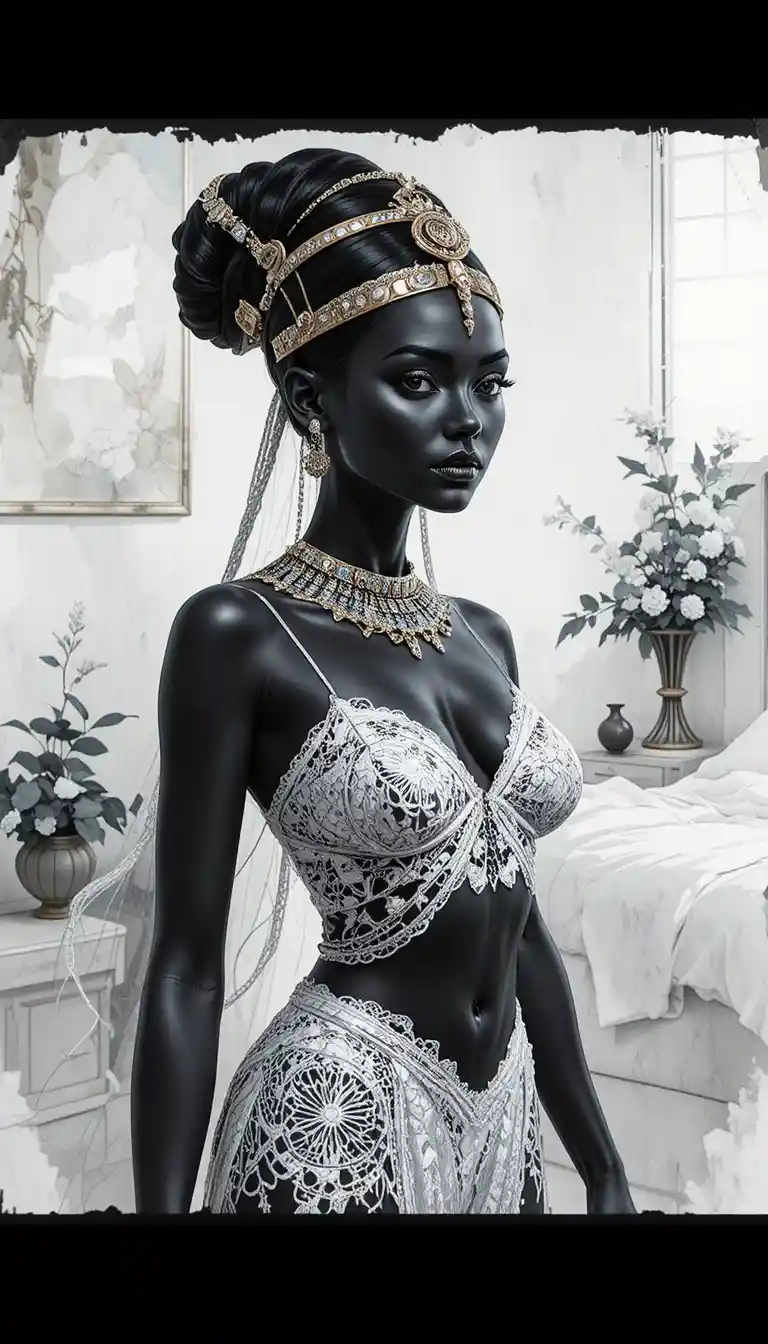 Nubian woman in white lingerie standing full body in bedroom
