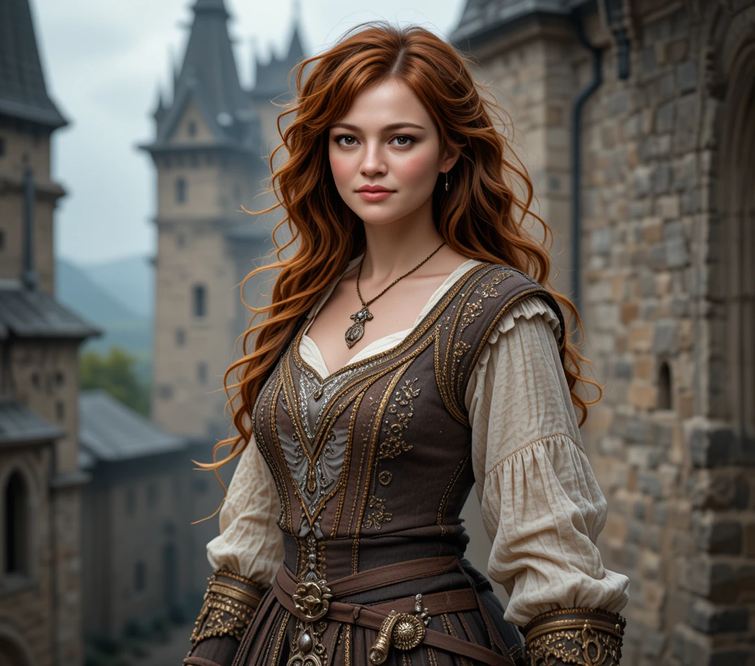 Smiling red haired woman on a gothic palace wall