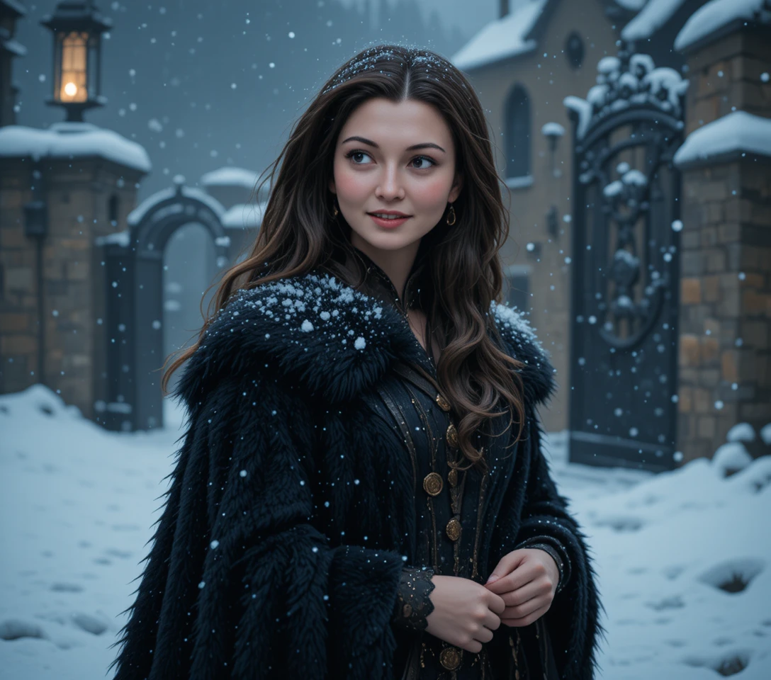 Donna con cappotto di pelliccia nero in cortile medievale innevato di notte