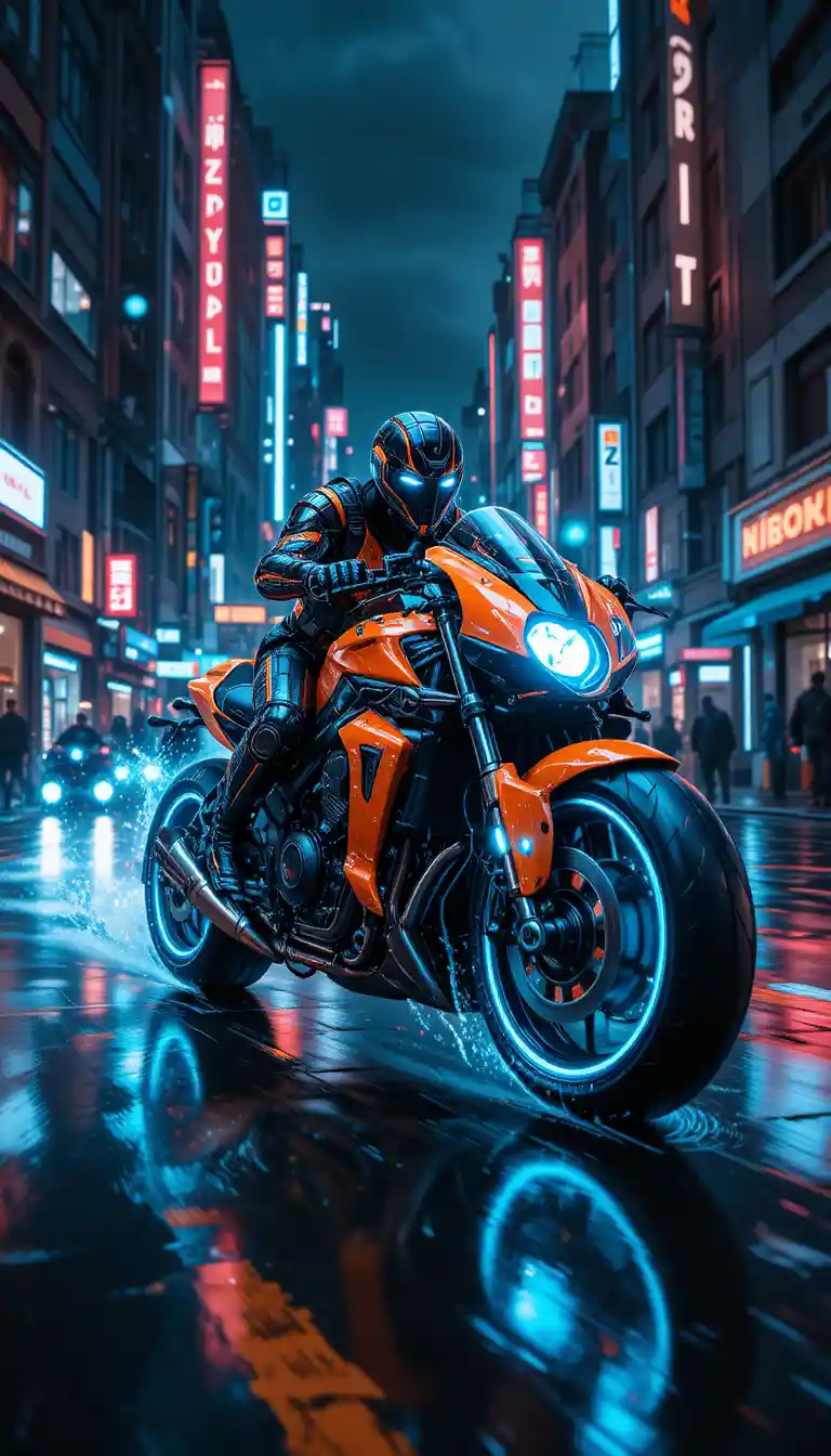 Piloto ciborgue correndo de moto neon pelas ruas chuvosas da cidade